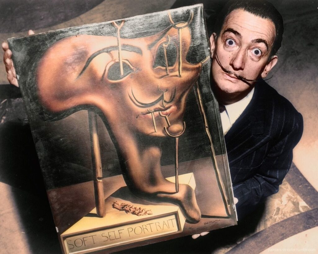 Dali holding his Soft Portrait with Bacon